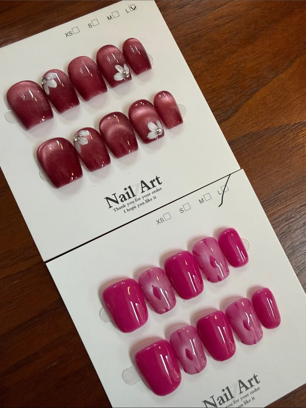 Bundle of two Press-On Nail Sets — Wine Red & Hot Pink Floral Cat Eye Large
